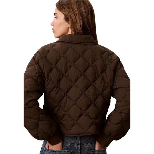 Calvin Klein Jeans women brown nylon quilted puffer jacket with classic collar and diamond stitched pattern
