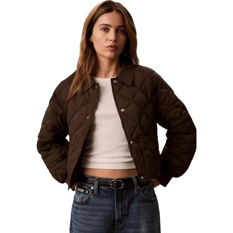Calvin klein jeans women brown nylon quilted jacket with classic collar and button closure front view