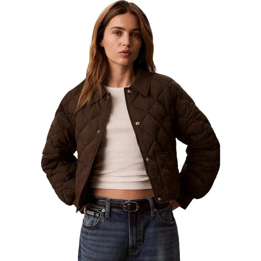 Calvin klein jeans women brown nylon quilted jacket with classic collar and button closure front view