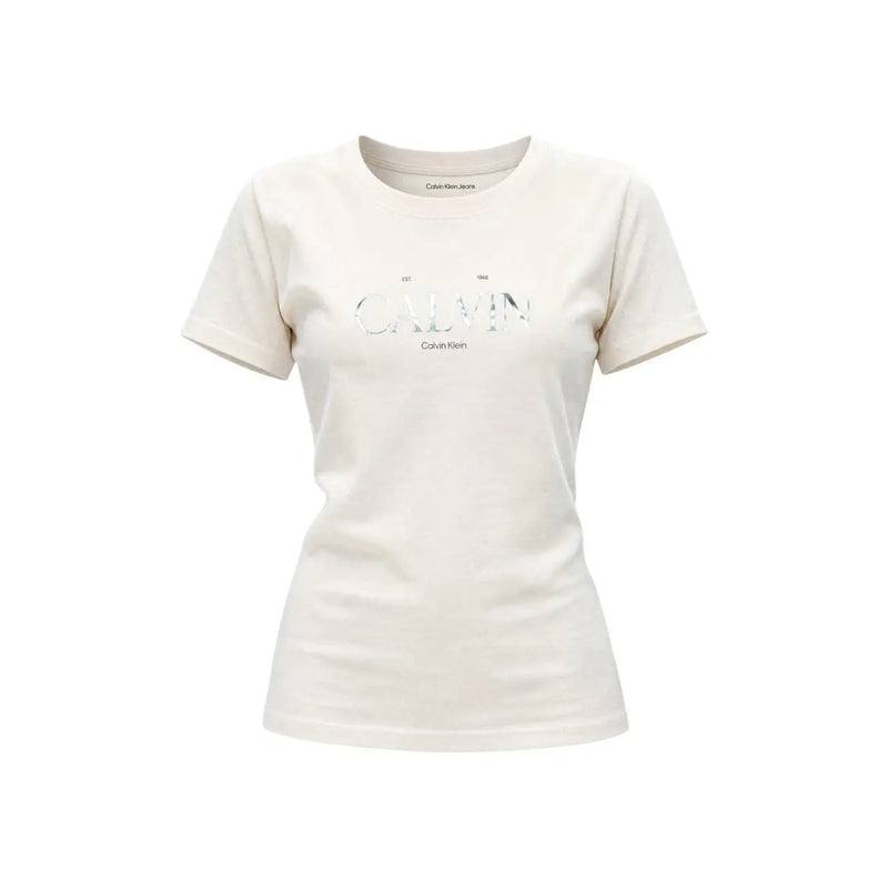 Cream-colored Calvin Klein Jeans women cotton round neck t shirt with silver metallic Calvin logo and smaller text below