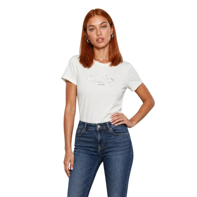 Calvin Klein Jeans women cotton round neck t shirt white with subtle silver logo across the chest