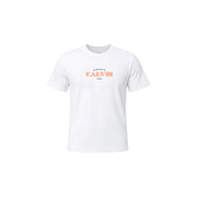 White Calvin Klein Jeans women cotton short sleeve t shirt with peach established 1988 logo on chest