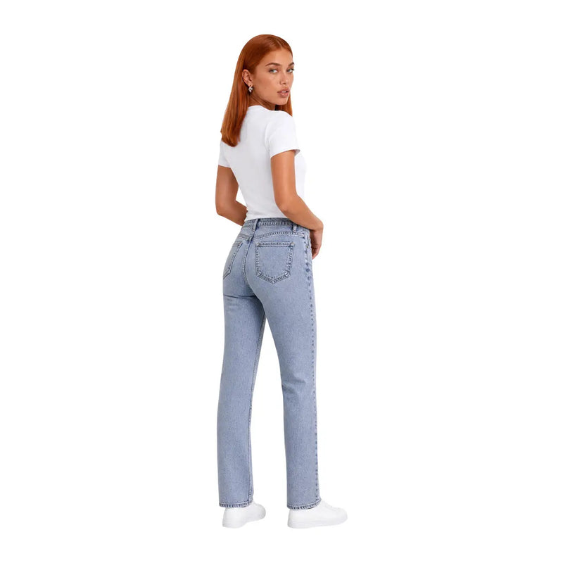 Light-wash denim jeans with straight-leg cut and classic back pockets shown from the back with calvin klein jeans cotton t shirt white