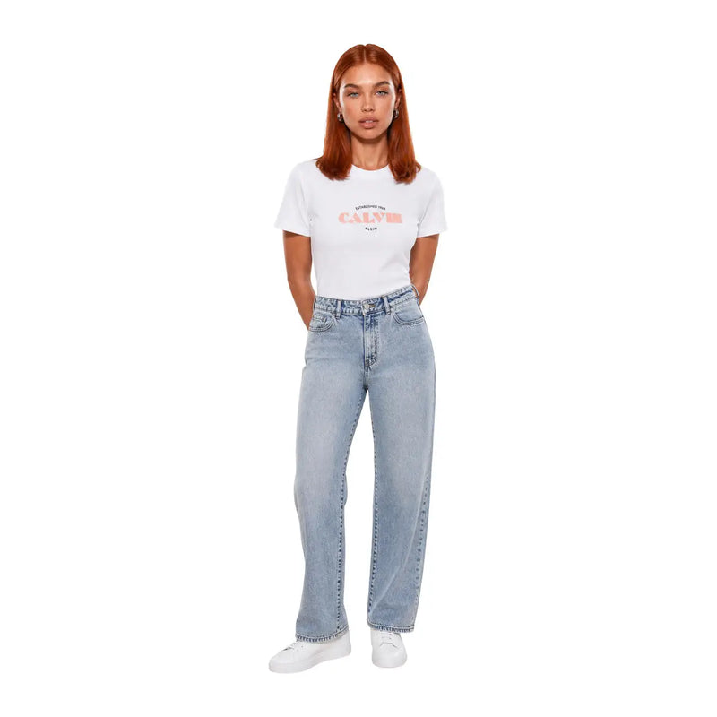 Light-wash denim jeans with high-rise straight-leg cut and classic stitching paired with calvin klein white cotton t shirt