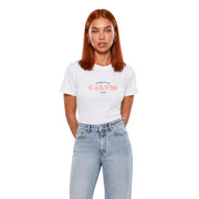 White calvin klein jeans women cotton short sleeve t shirt with peach logo and established 1969 text on front