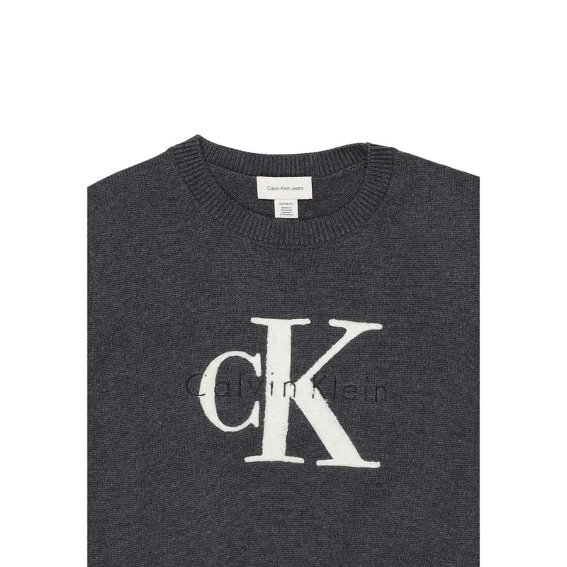 Dark gray calvin klein jeans women cotton knitwear crewneck sweater with bold white ck logo embroidered on chest