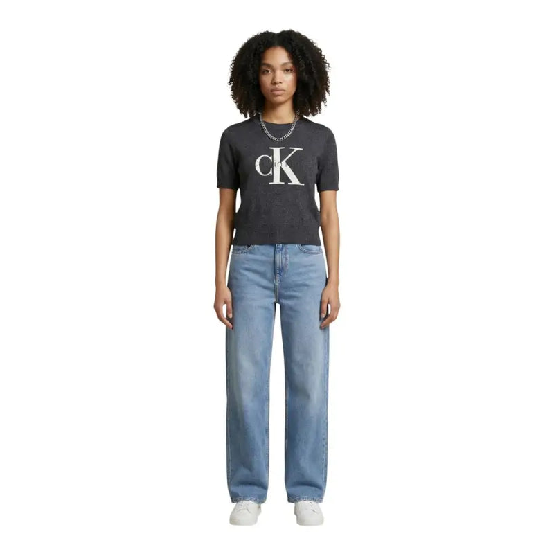 Calvin Klein women grey short-sleeve cotton top with white CK logo