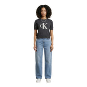Calvin Klein Jeans women grey cotton knitwear short sleeve top with dark gray fabric and white ck logo on front