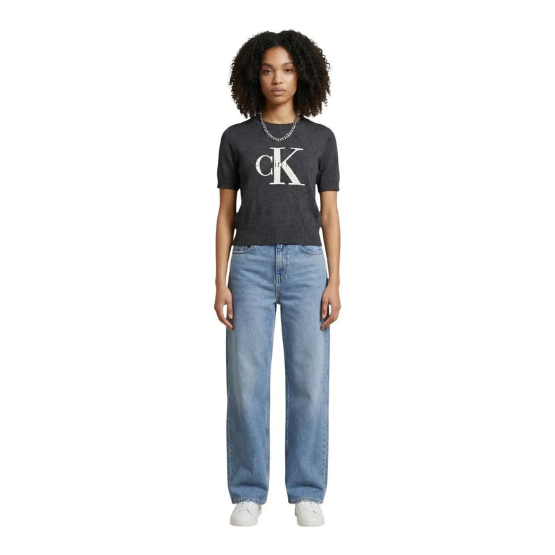 Calvin Klein Jeans women grey cotton knitwear short sleeve top with dark gray fabric and white ck logo on front