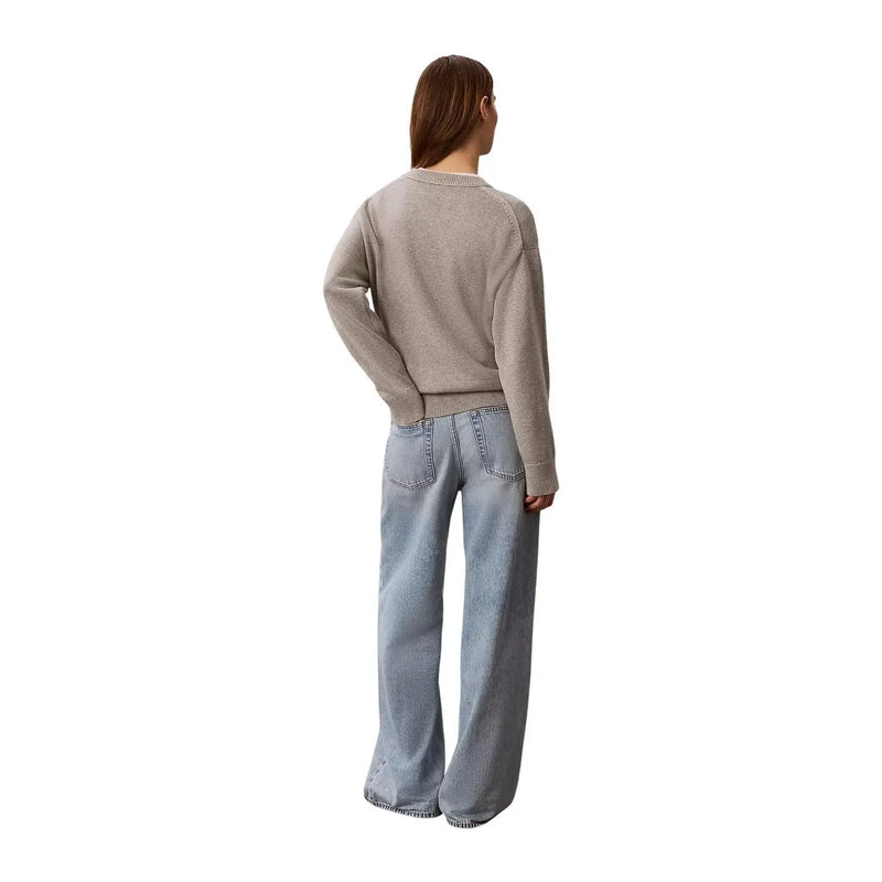 Calvin Klein Jeans women grey cotton knitwear sweater with beige knit, ribbed cuffs and hem