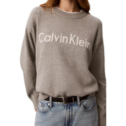 Calvin Klein Jeans women grey cotton knitwear sweater with a white logo across the chest and crew neck design
