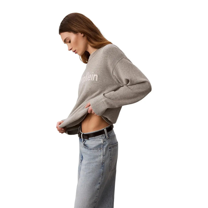 Gray Calvin Klein Jeans women cotton knitwear sweater with white logo and ribbed cuffs in sweatshirt style
