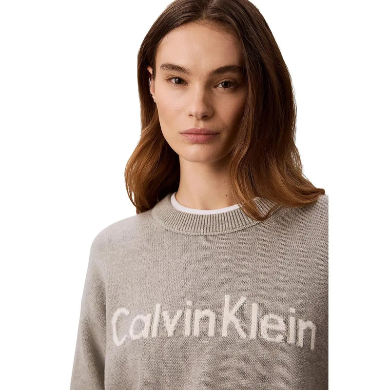 Calvin Klein Jeans women grey cotton knitwear sweater with soft fabric and bold white logo across the chest