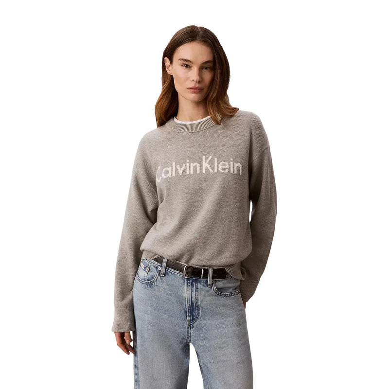 Calvin Klein Jeans women grey cotton knitwear sweater with white embroidered logo on the chest