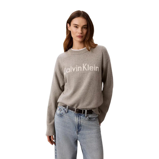 Calvin Klein Jeans women grey cotton knitwear sweater with white embroidered logo on the chest