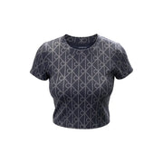Calvin Klein Jeans women grey cotton round neck t shirt with short sleeves and silver geometric logo pattern