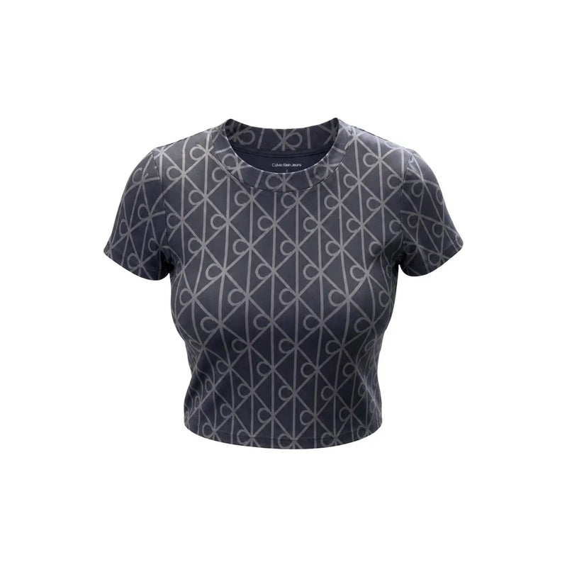 Calvin Klein Jeans women grey cotton round neck t shirt with short sleeves and silver geometric logo pattern