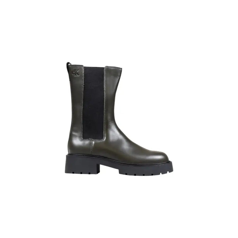 Calvin Klein Jeans women grey leather ankle boots with dark olive green leather chelsea design and chunky rubber sole