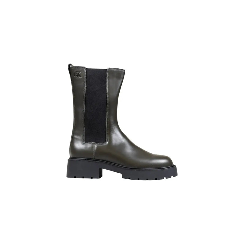Calvin Klein Jeans women grey leather ankle boots with dark olive green leather chelsea design and chunky rubber sole