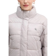 Calvin Klein Jeans women grey polyamide quilted puffer jacket with high collar and subtle CK logo embroidery