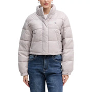 A light gray quilted polyamide Calvin Klein Jeans women jacket with high collar front zipper and logo on left chest
