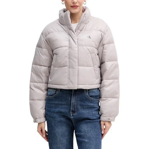 A light gray quilted polyamide Calvin Klein Jeans women jacket with high collar front zipper and logo on left chest