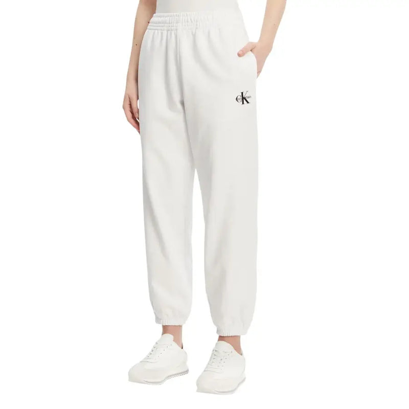 Calvin Klein white joggers with black thigh logo in light blue cotton trousers