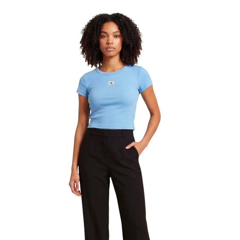 Calvin Klein Jeans women light blue short sleeve cotton crop top with round neck and small embroidered logo on chest