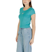Calvin Klein Jeans women light blue ribbed short sleeve round neck t shirt with a small logo patch on the chest
