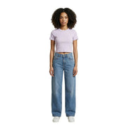 Calvin klein jeans women lilac cotton cropped t shirt with round neck and small embroidered logo on the chest