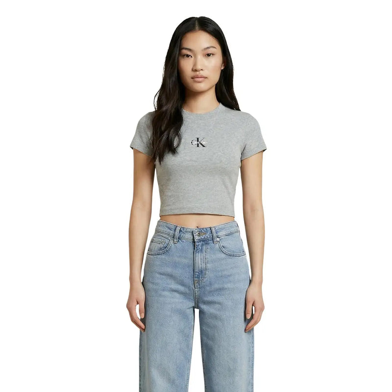 Gray cotton cropped short-sleeve t shirt with small black Calvin Klein logo on chest for women by Calvin Klein Jeans