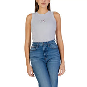 Light gray sleeveless cotton tank top with small embroidered Calvin Klein logo on chest for women by Calvin Klein Jeans