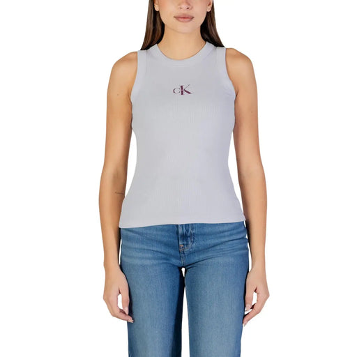 Light gray sleeveless cotton tank top with subtle embroidered Calvin Klein logo at the center chest for women