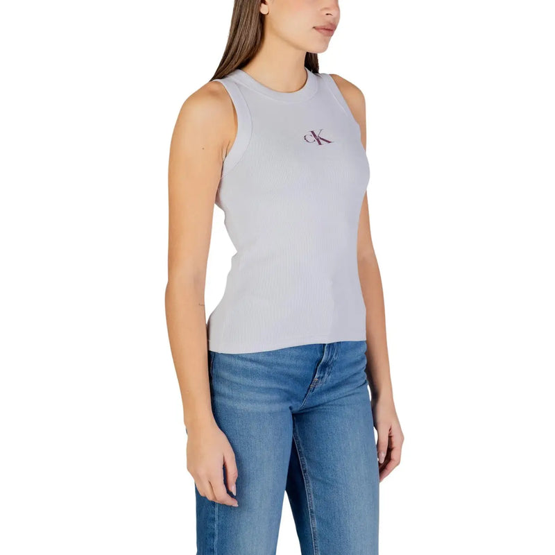Light gray sleeveless cotton tank top with ribbed texture and burgundy Calvin Klein logo on the left chest