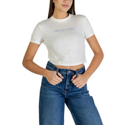 Calvin Klein Jeans women lilac print cotton t-shirt with light blue logo
