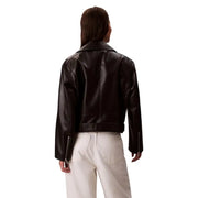 Dark brown leather jacket paired with white pants from Calvin Klein Jeans Women Long Black Zip Blazer collection