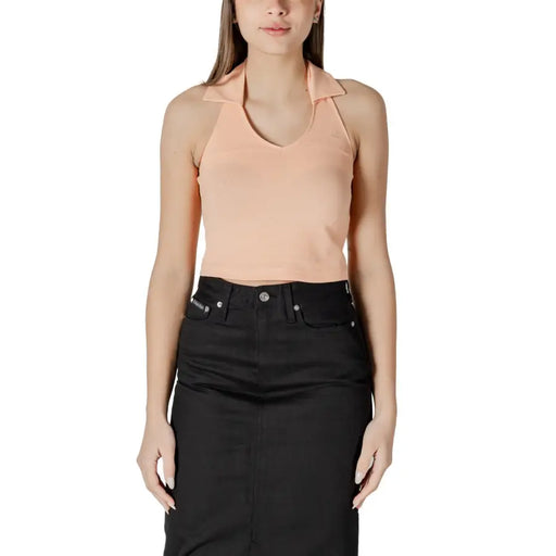 Calvin Klein Jeans women orange v neck cotton top with halter neck collar and subtle ribbed texture