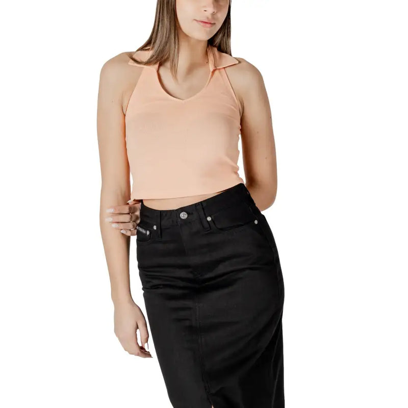 Peach-colored ribbed cotton halter top with cropped fit and collar detail by calvin klein jeans women