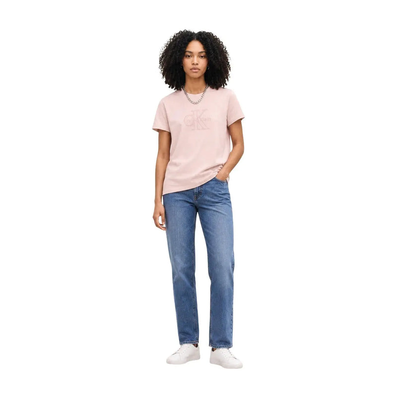 Calvin Klein Jeans women pink cotton short sleeve t shirt with a subtle embroidered logo on the chest