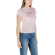 A soft pink Calvin Klein Jeans women short sleeve t-shirt with subtle embroidered logo on the chest