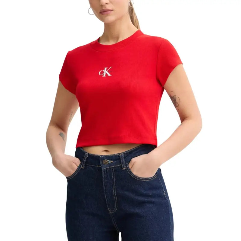 Red Calvin Klein cropped t-shirt with white CK logo on chest