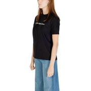 Calvin Klein Jeans women short sleeve black cotton t shirt with white logo across the chest