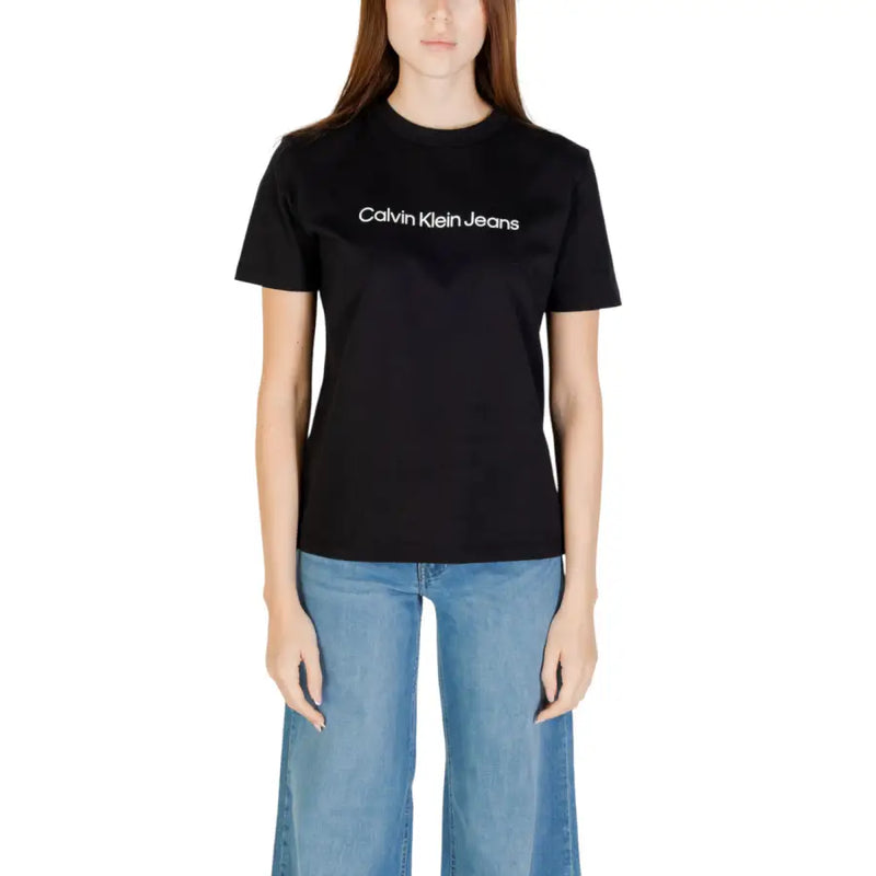 Calvin Klein jeans women short sleeve black cotton t shirt with white logo across the chest