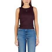 Calvin Klein Jeans women sleeveless top in dark burgundy ribbed cotton elastane with small black logo on chest