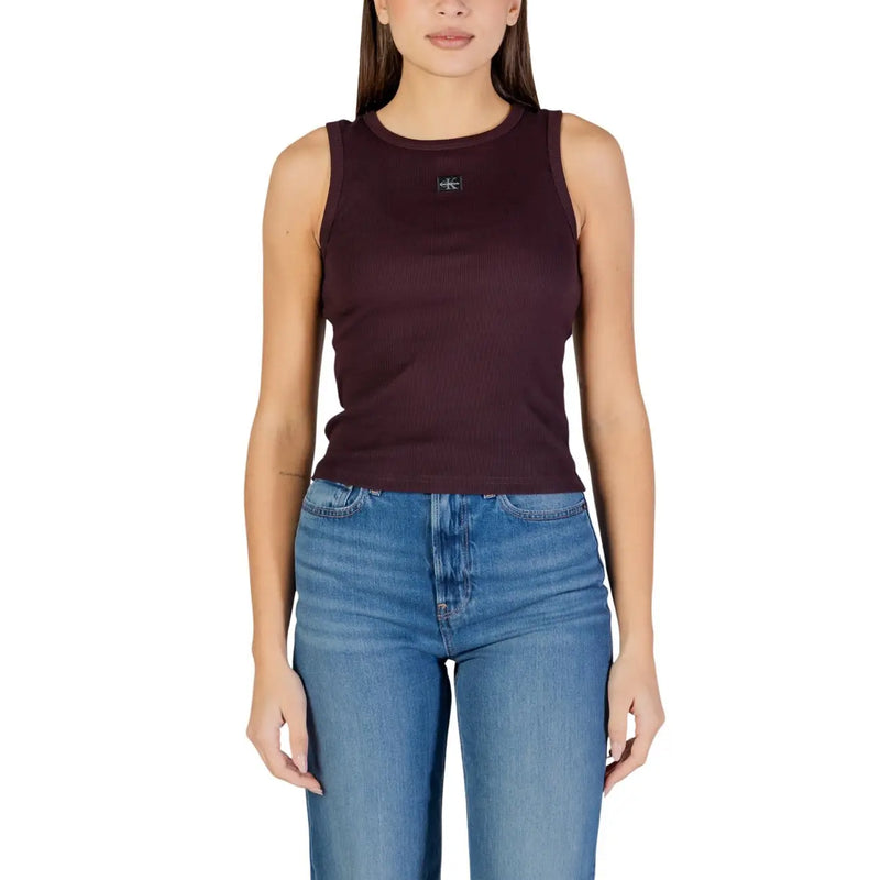 Calvin Klein Jeans women sleeveless top in dark burgundy ribbed cotton elastane with small black logo on chest