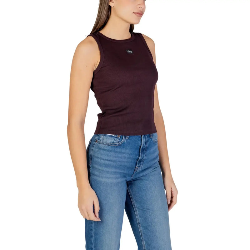 Calvin Klein Jeans women sleeveless brown top in cotton elastane with a dark burgundy color and subtle embroidered logo