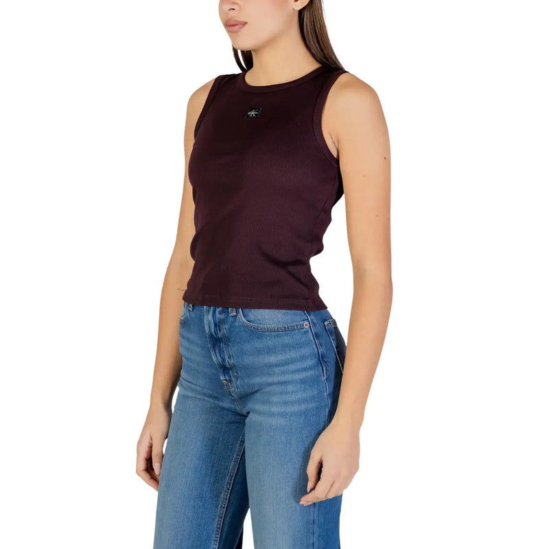 Calvin klein jeans women sleeveless top brown dark burgundy ribbed knit cotton elastane with embroidered logo