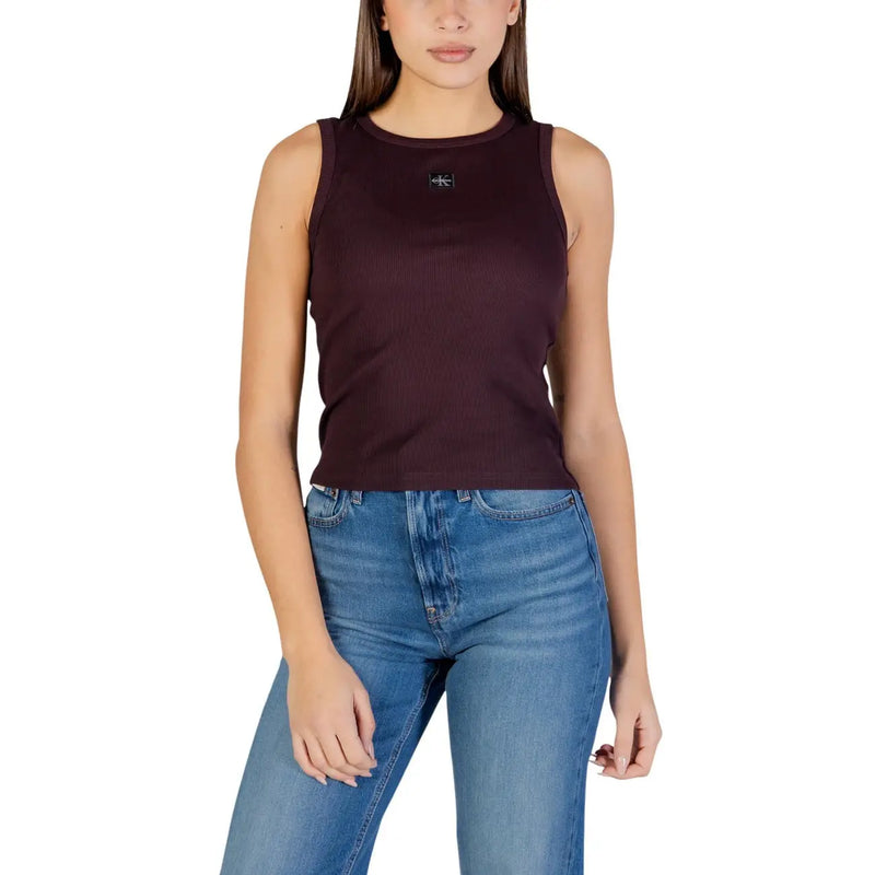 Calvin Klein Jeans women sleeveless top in dark burgundy ribbed cotton elastane with small chest logo