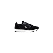 Calvin Klein Jeans women slip on black sneaker with suede and leather upper white rubber sole and silver logo
