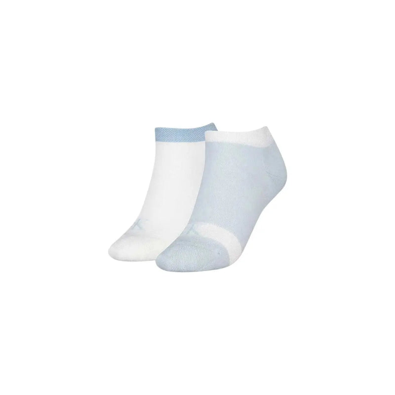 A pair of light blue and white Calvin Klein Jeans women sneaker socks with a textured cuff in a 2 pack
